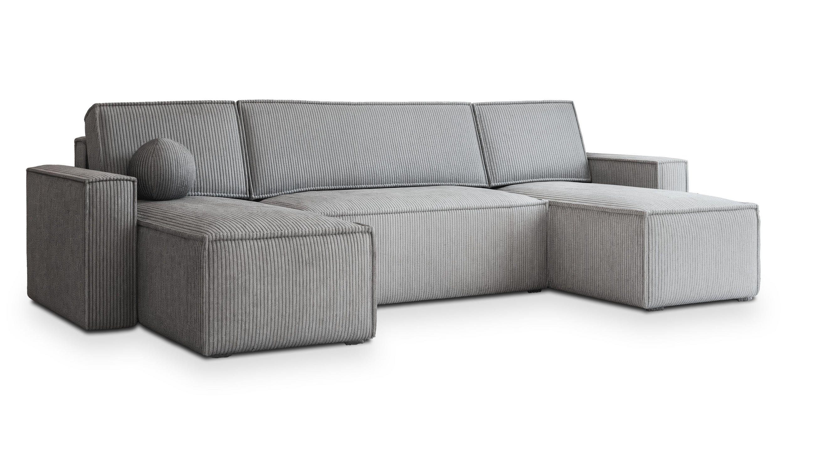 WOHNLANDSCHAFT PESANO P Hellgrau Kordstoff mit Schlaffunktion - Hellgrau, Holz (306/85/140cm) - MASSENO