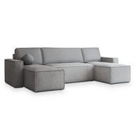 WOHNLANDSCHAFT PESANO P Hellgrau Kordstoff mit Schlaffunktion - Hellgrau, Holz (306/85/140cm) - MASSENO