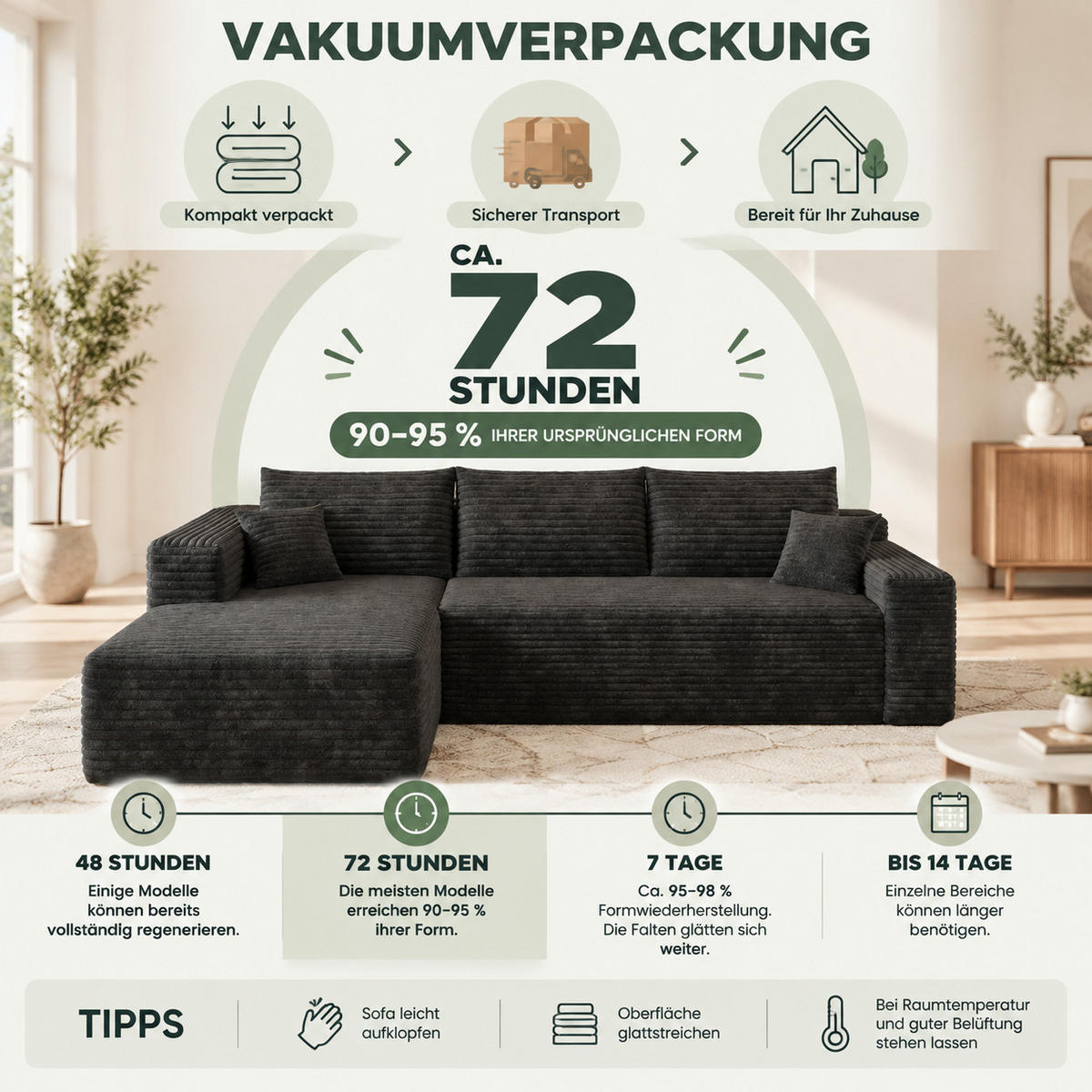 ECKSOFA Cord Schwarz - Schwarz, Textil (241/151cm) - WISHDOR