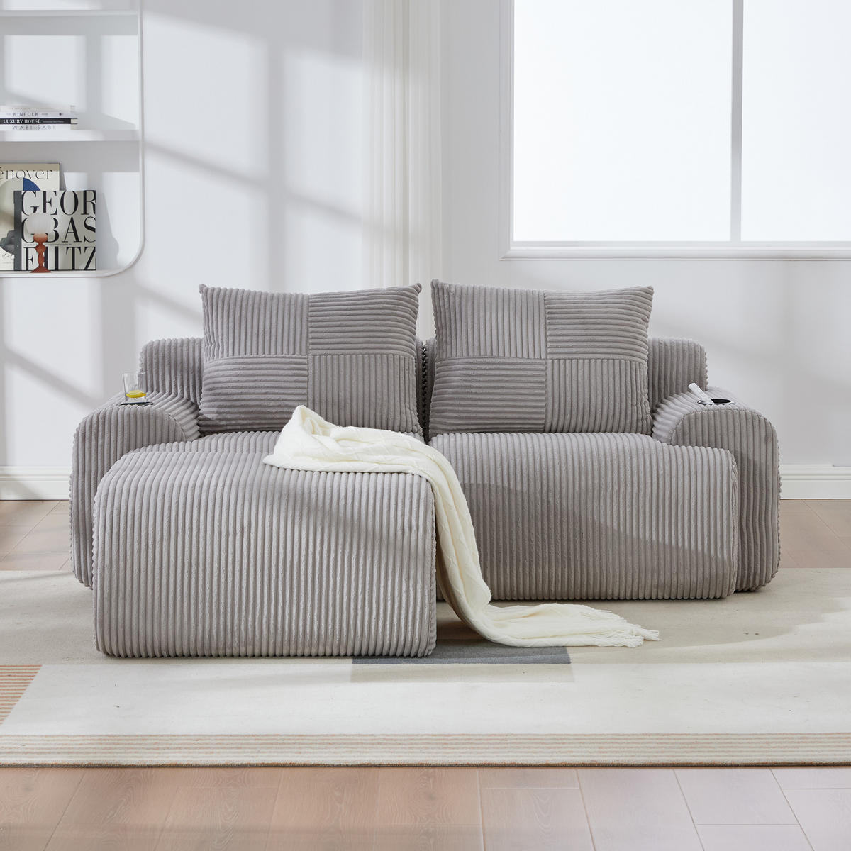 2-SITZER-SOFA aus Cord 200x174x80 cm mit Cupholder & Seitentasche, hellgrau - Hellgrau, Textil (174/80/200cm)