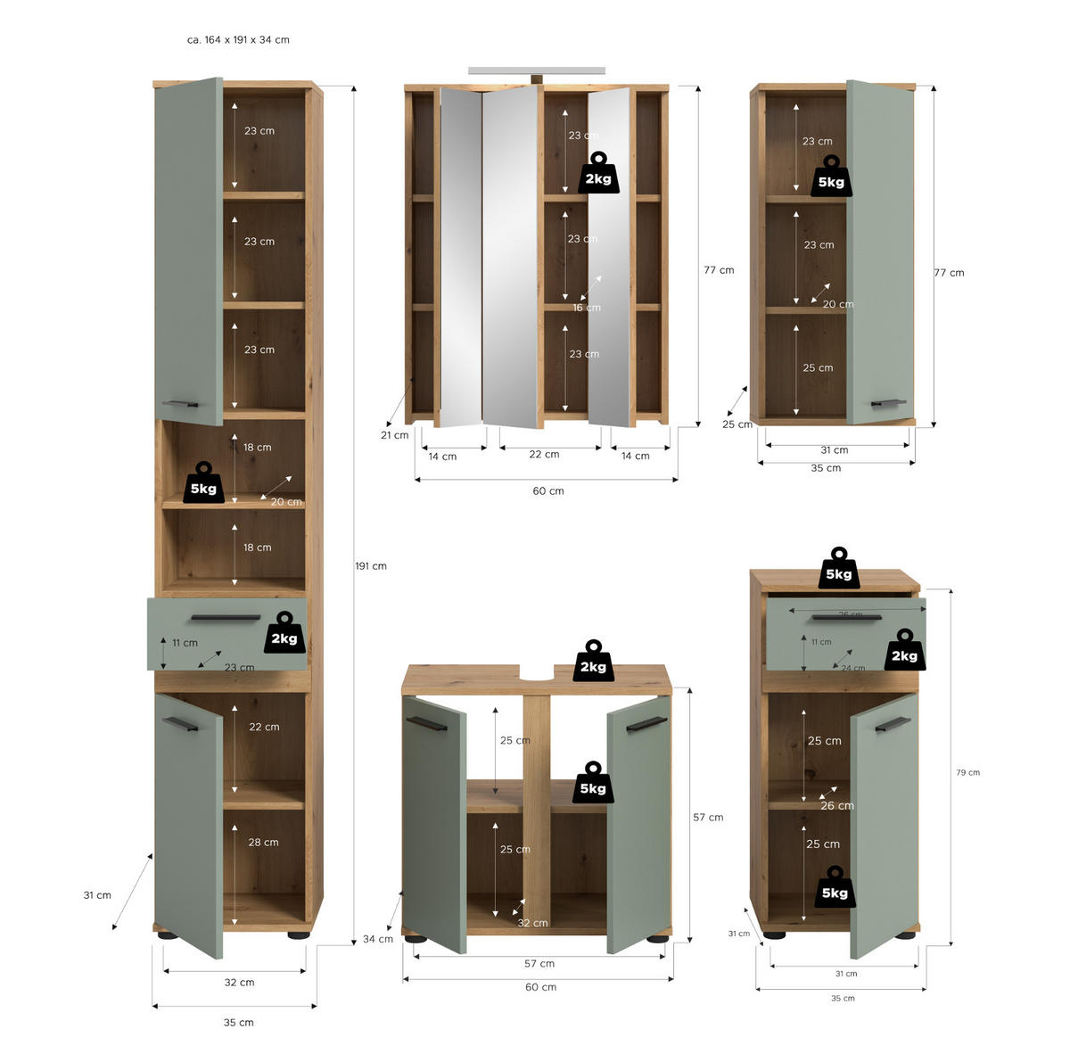BADMÖBEL-SET Salbei grün, Eiche Artisan 164 cm 5-teilig, Badkombination inklusive LED Beleuchtung - Salbeigrün/Schwarz, Glas/Holzwerkstoff (164/191/34cm) - Inn.Furn