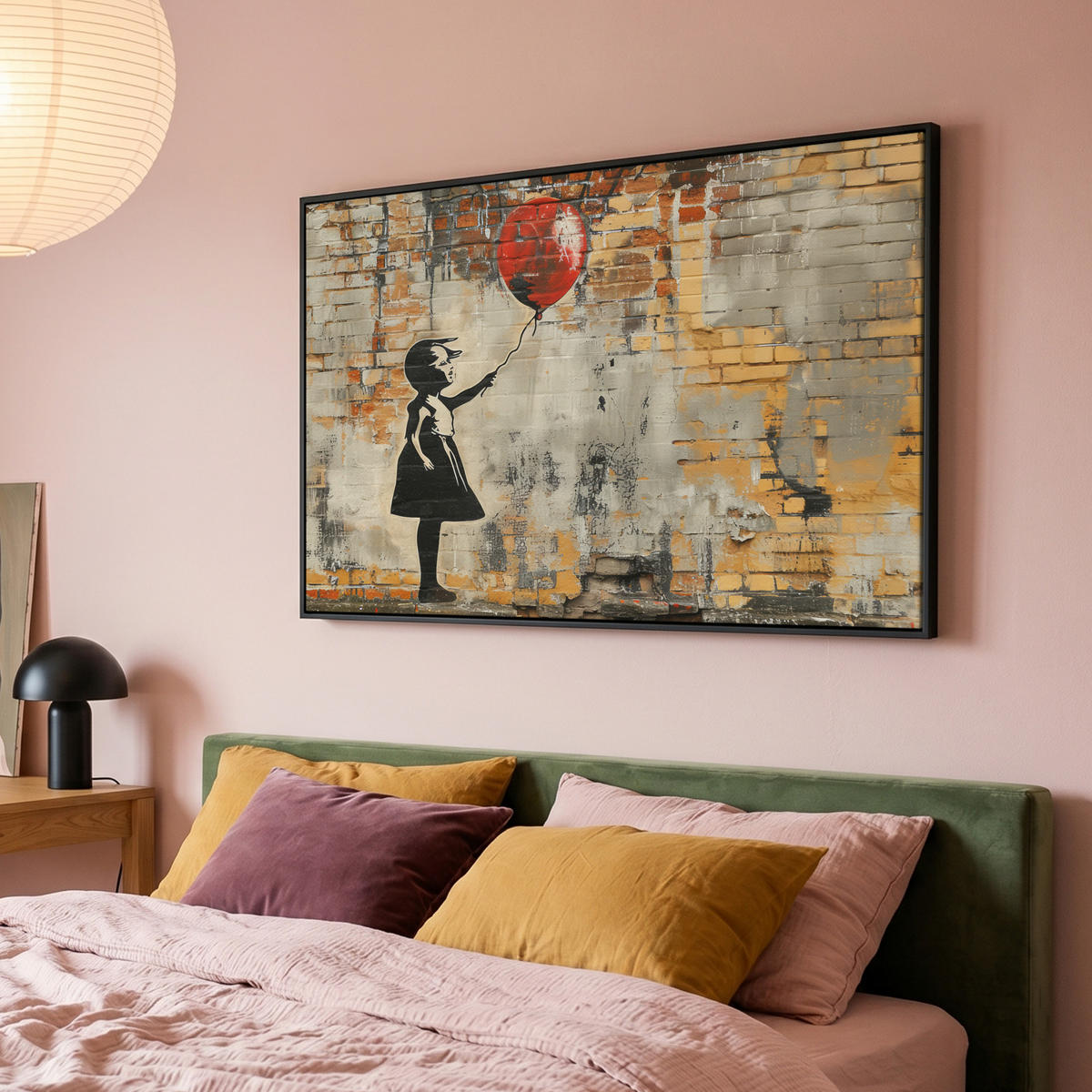 LEINWAND Bilder mit Rahmen - Graffiti - Banksy - Mädchen - Straßenkunst - 150x100 - Sandfarben, Textil (150/100cm) - MuchoWow