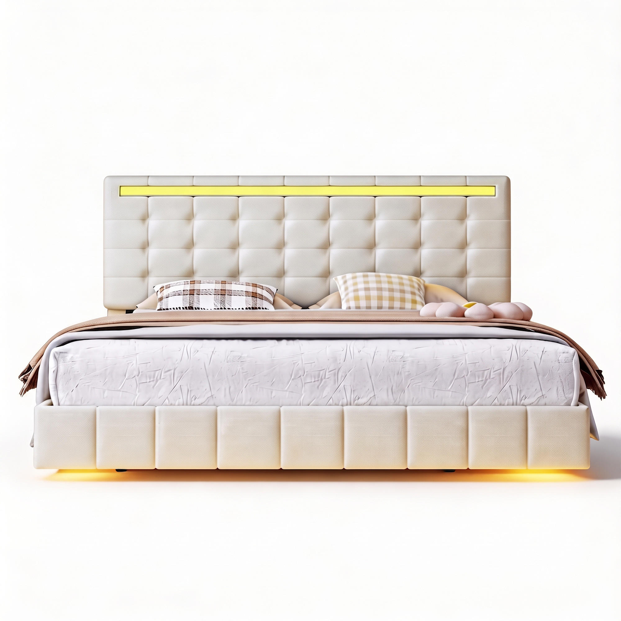 BETT 160x200 cm mit LED und USB, Doppelbett 160x200 cm mit Lattenrost, schwebendes Design, Leinenbezug Beige - Beige, Holz/Textil (160/200cm) - GENKI LIVING