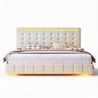 BETT 160x200 cm mit LED und USB, Doppelbett 160x200 cm mit Lattenrost, schwebendes Design, Leinenbezug Beige - Beige, Holz/Textil (160/200cm) - GENKI LIVING