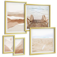 BILDER SET 5er Set - 50x50 cm & 20x30 cm & 40x60 cm Goldrahmen - Abstrakte braune Landschaften - Goldfarben, Kunststoff (40/60cm) - TULUP