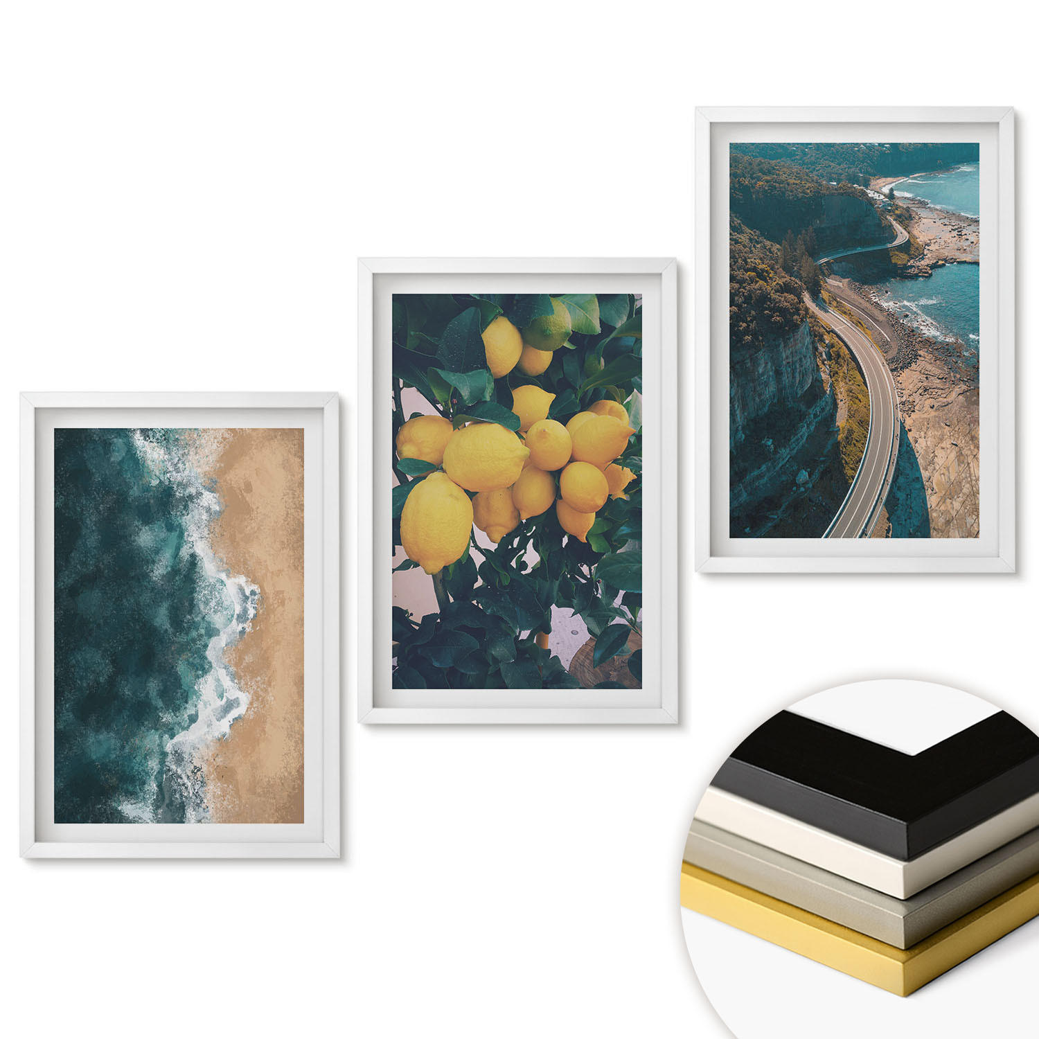 WANDBILDER 3er-Set - 40x60 cm Weißer Rahmen - Meerstrand Zitronen Berge - Weiß, Kunststoff (40/60cm) - ArtPrintCave