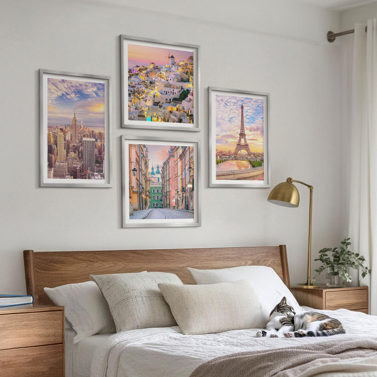 WANDBILDER 4er Set - 50x50 cm & 40x60 cm Silberner Rahmen - New York Paris Oia Warschau Dämmerung - Silberfarben, Kunststoff (50/50cm) - ArtPrintCave