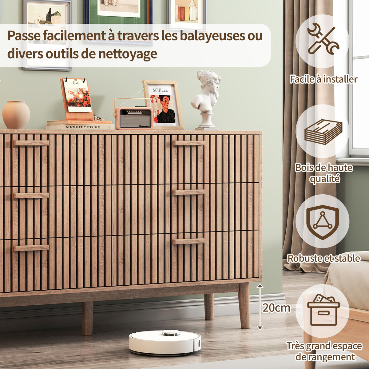 TRÄBYRÅ 6 lådor minimalistisk stor förvaringsvolym - Naturfärgad, Träbaserade material (34/73/100cm) - SHOPENTRA