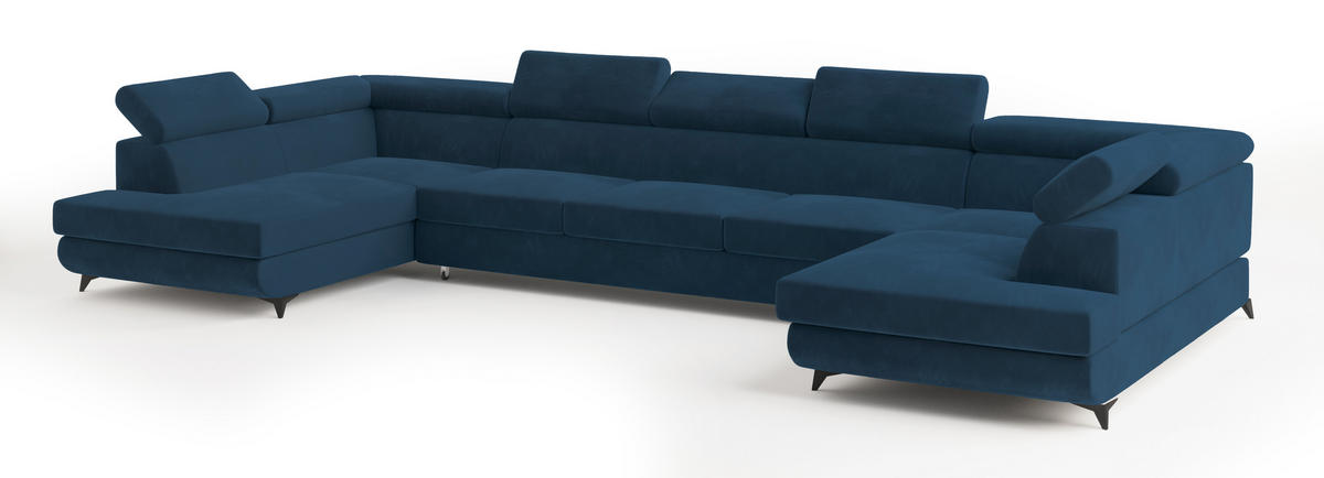 WOHNLANDSCHAFT URMANO Blau Velours-Stoff mit Schlaffunktion - Blau, Holz (395/89/190cm) - MASSENO