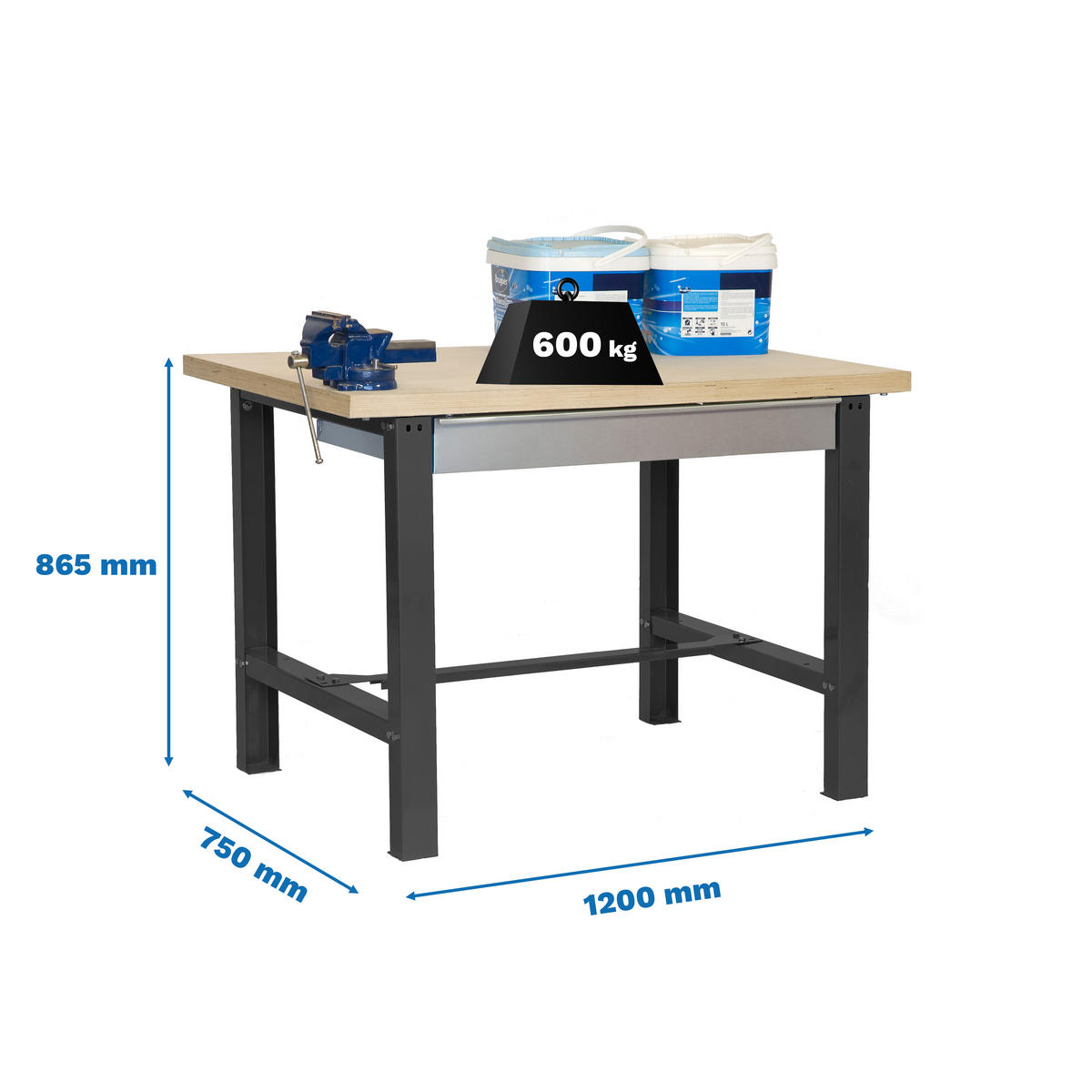 WERKBANK BUFFALO WOOD mit Schublade | HxBxT 87x120x75cm | Traglast 600kg | Anthrazit - Anthrazit, Metall (120/87/75cm) - PROREGAL