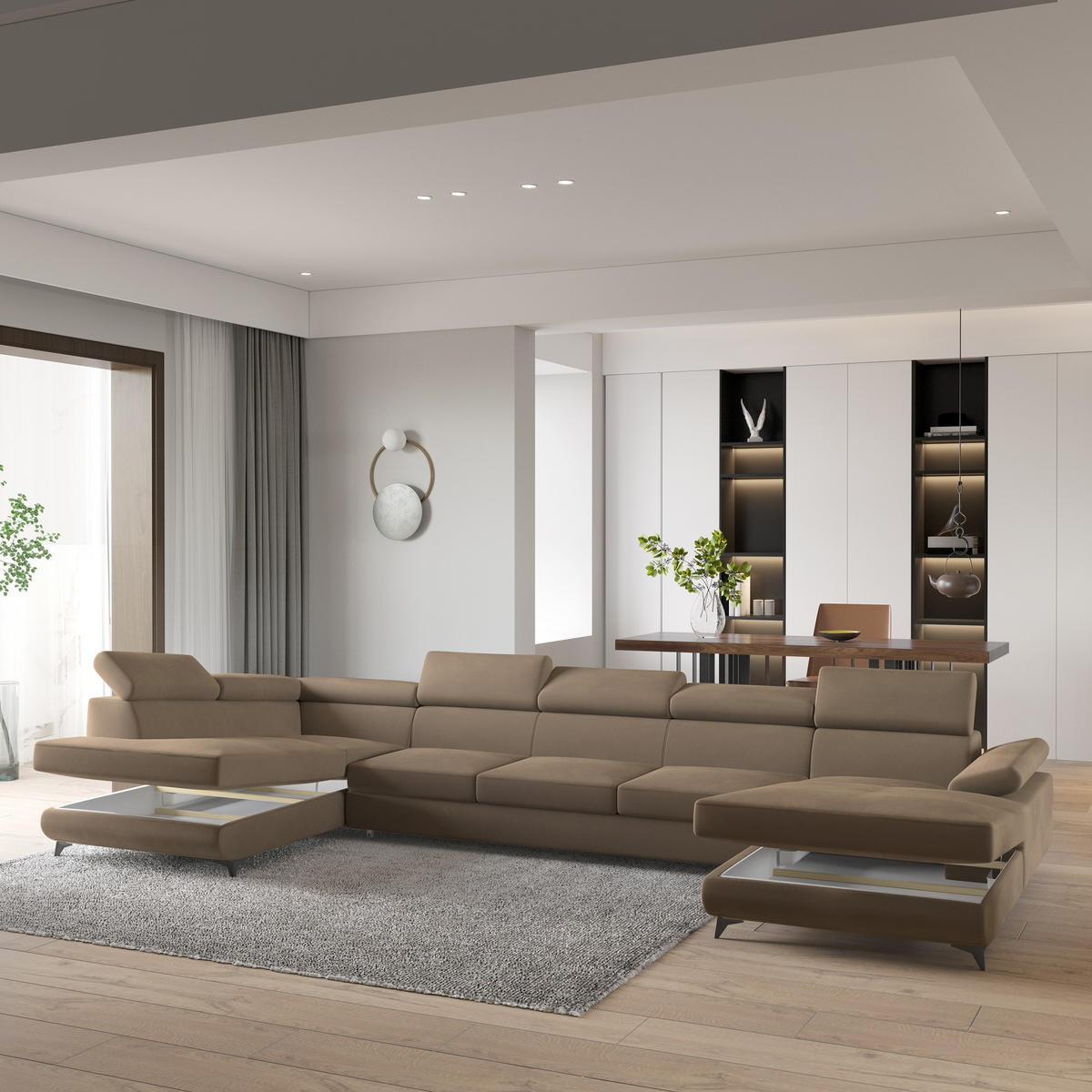 WOHNLANDSCHAFT MONTIVA Beige Velours-Stoff mit Schlaffunktion - Beige, Holz (410/89/190cm) - MASSENO