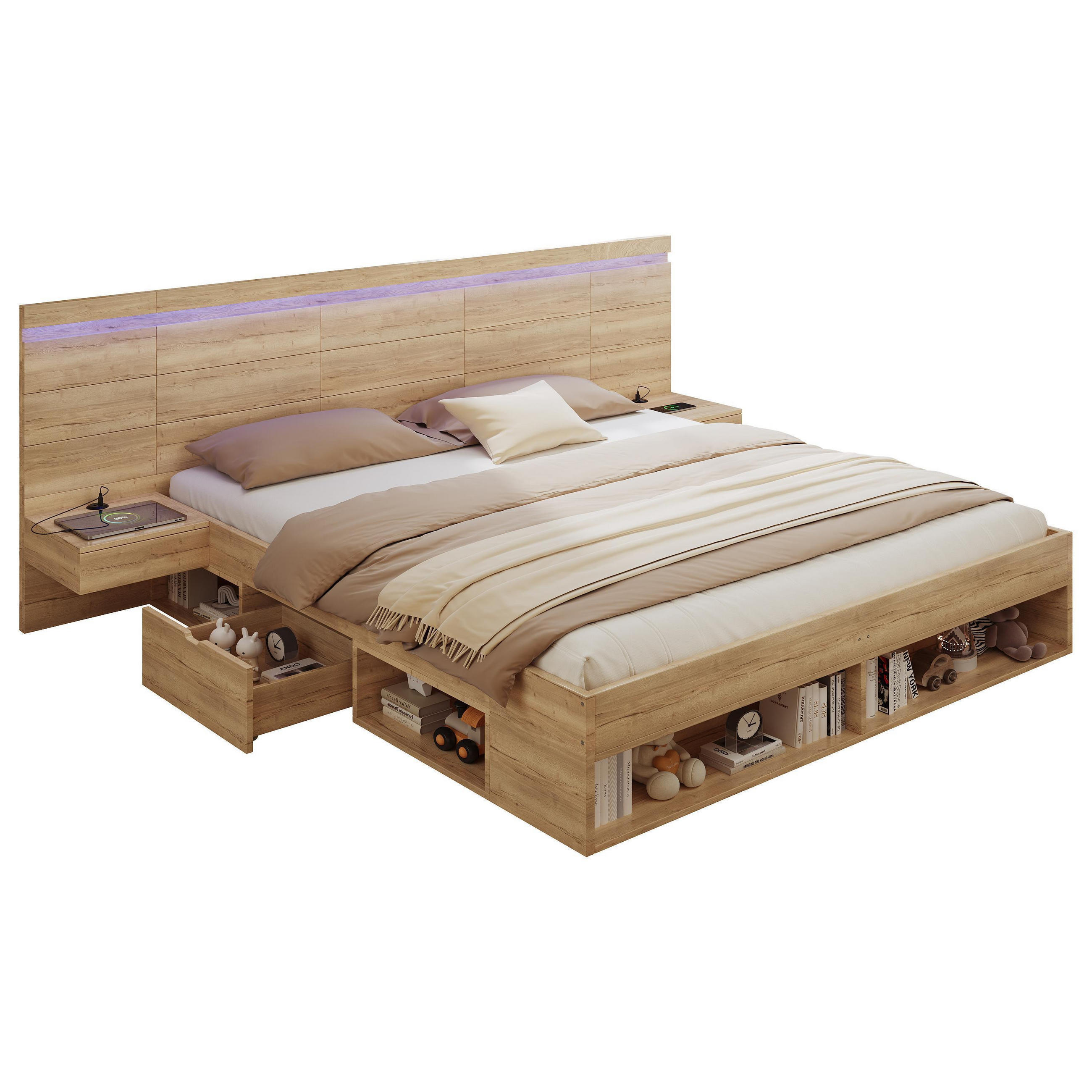 DOPPELBETT 180/200 cm mit 2 Nachttische in Naturfarbe - Naturfarben, Holz (180/200cm) - KOMHTOM