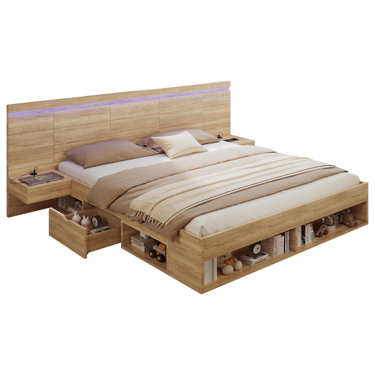 DOPPELBETT 180/200 cm mit 2 Nachttische in Naturfarbe - Naturfarben, Holz (180/200cm) - KOMHTOM