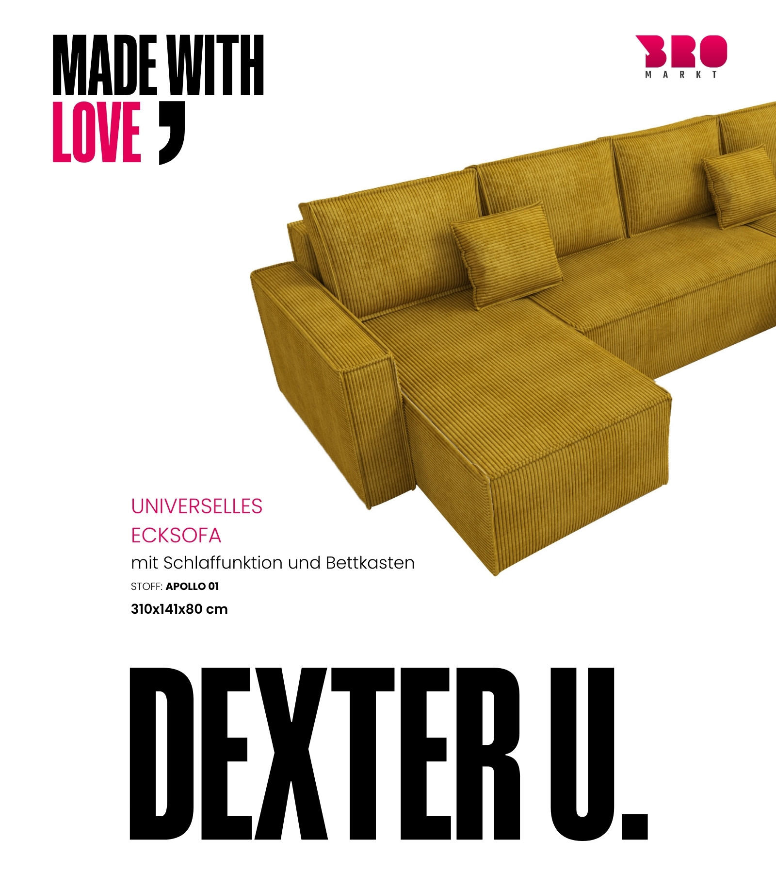 WOHNLANDSCHAFT Dexter U mit Schlaffunktion Gelb Cord - Gelb, Textil (310/80/141cm) - Bromarkt