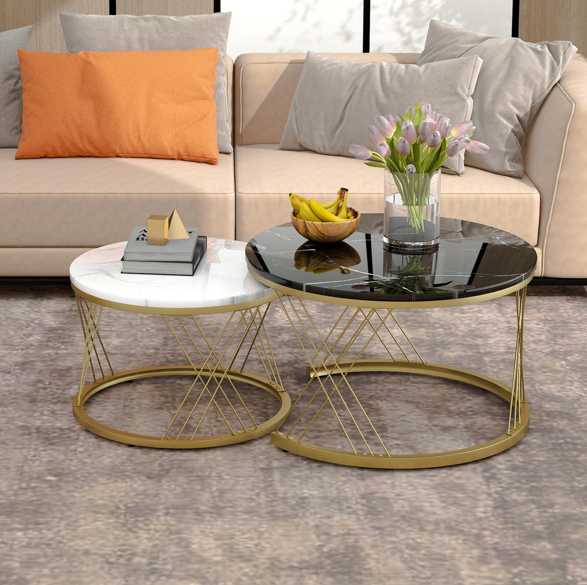 KLUBSKA miza, komplet 2 kosov 70/70/45 in 45/45/40 cm MDF črna z marmornim dekorjem - črna, leseni material (70/70/45cm) - BEAOK
