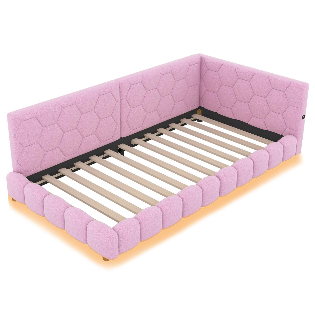 DĚTSKÁ postel 90/200 cm růžová z MDF a sametu s LED osvětlením, USB a USB-C - růžová, textil (90/200cm) - OKWISH