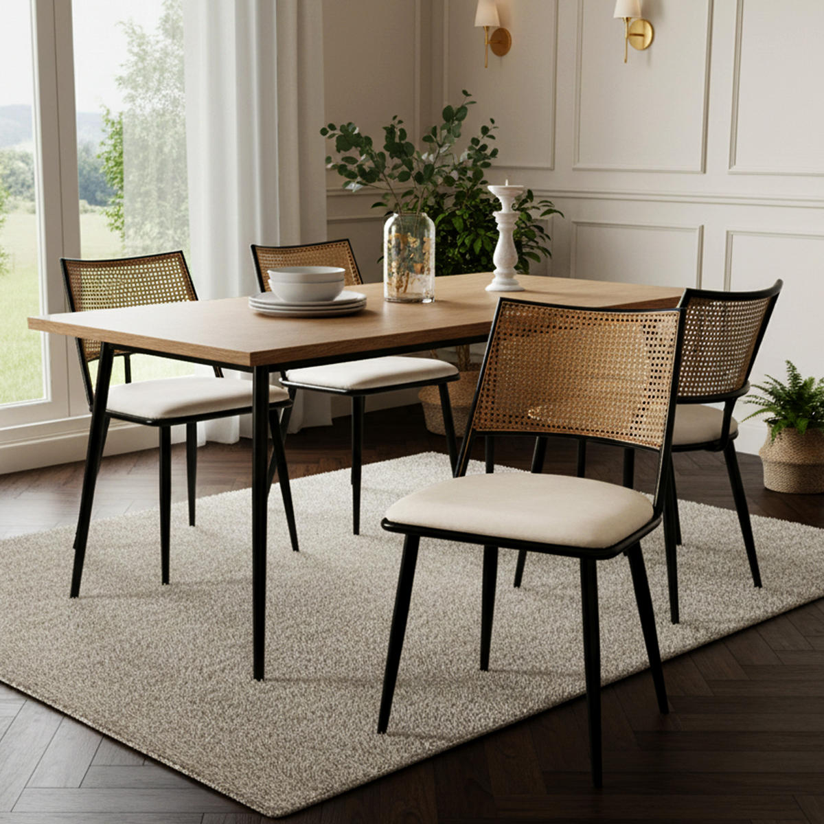 STUHL-SET DE-35954 4 Stück mit Rattan-Lehne und PU-Sitz Schwarz - Schwarz, Metall (48/80/46cm) - ComfortXL