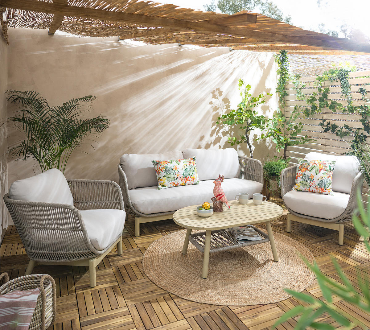 LOUNGESET - Akazie massiv / Polyester - Braun / Beige - 4-teilig - Beige/Braun, Holz/Naturmaterialen - home24