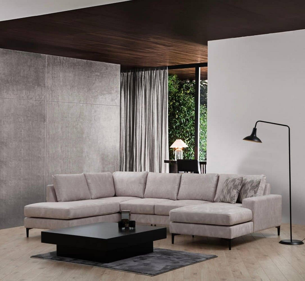 WOHNLANDSCHAFT mit großzügiger Sitzfläche für die ganze Familie - Beige/Schwarz, Holzwerkstoff/Kunststoff (314/90/200cm) - myHomelando