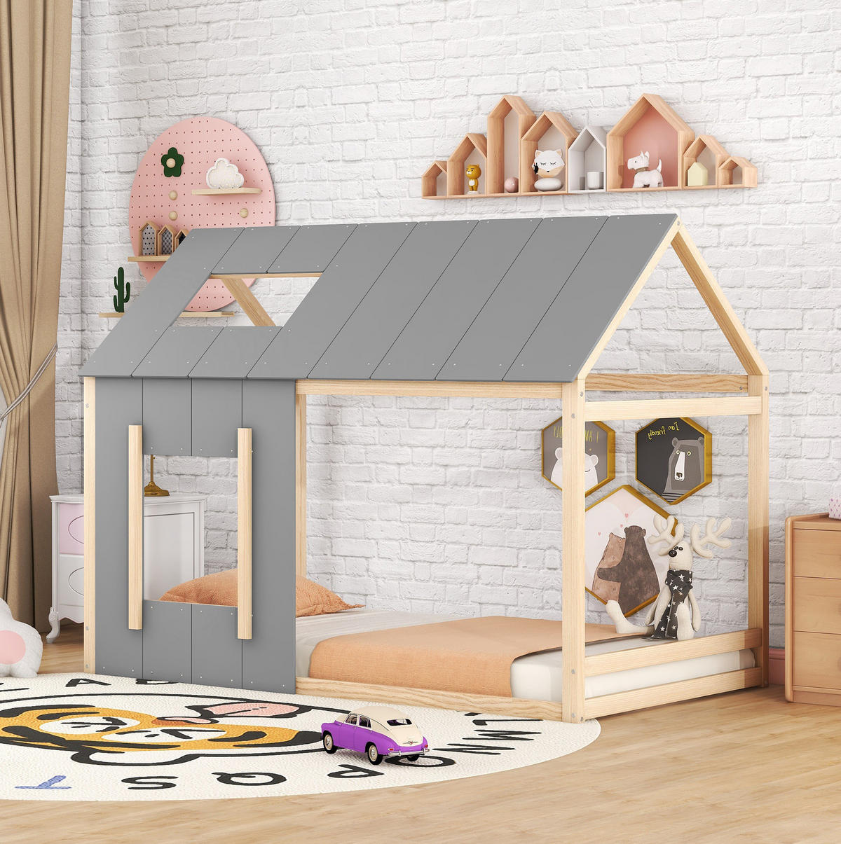 HAUSBETT 90/200 cm Natur/Grau aus Kiefernholz und MDF mit Haus-Design - Naturfarben, Holz (90/200cm) - OKMYHOME