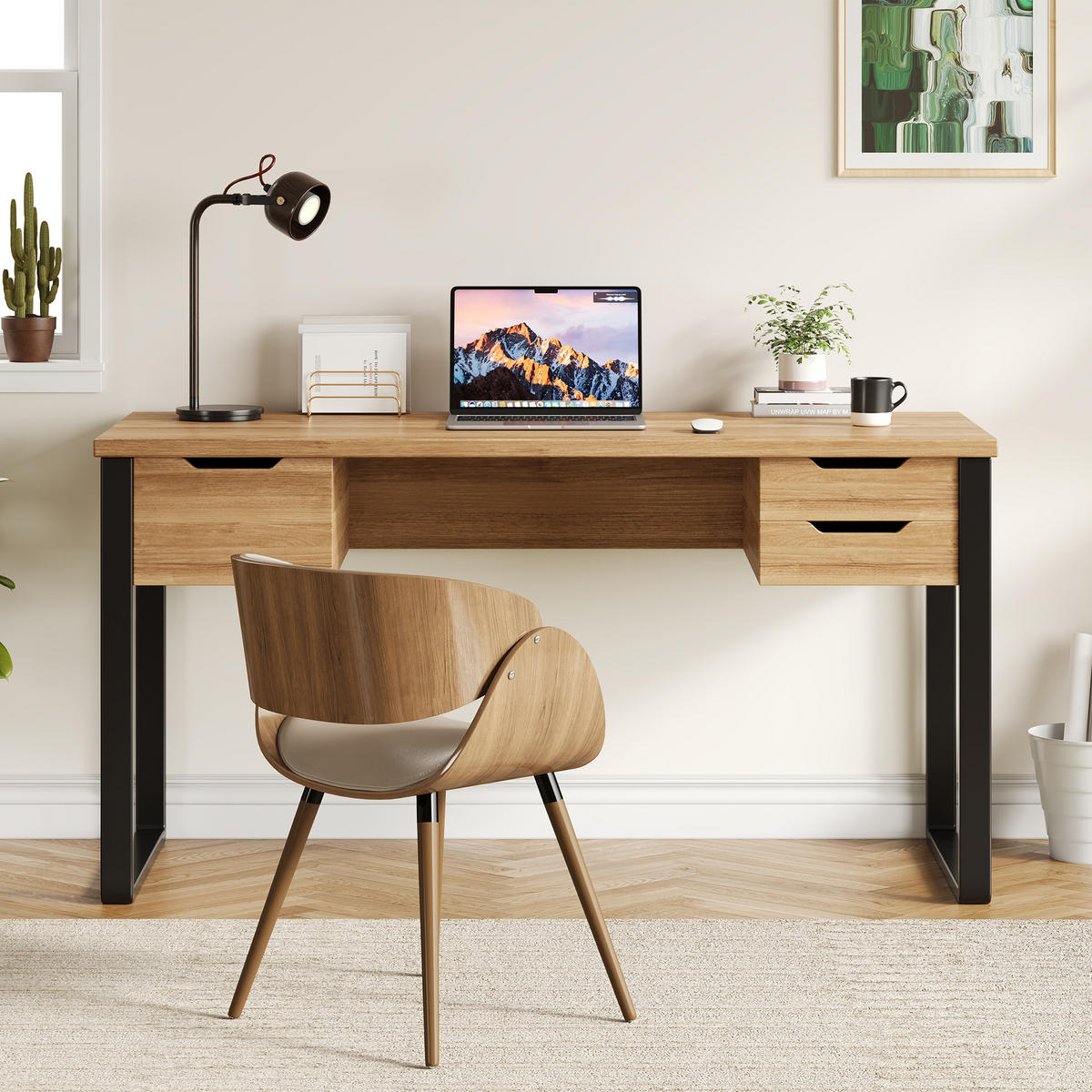 SCHREIBTISCH Holzfarben und Schwarz 130/55/76 cm mit 3 Schubladen - Schwarz, Holzwerkstoff (55/130/76cm) - PANGIVO