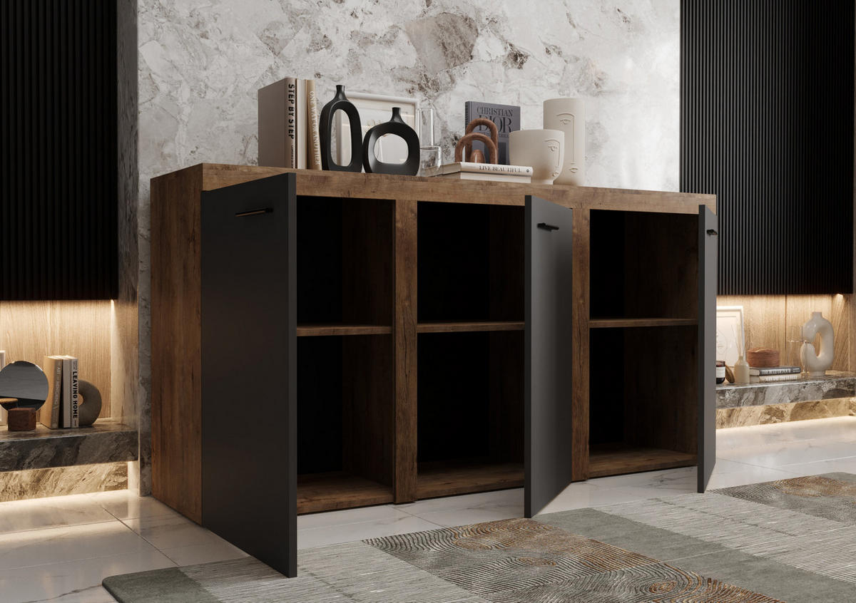 KOMMODE London LRXK mit 3 Türen, Sideboard in Farbe: Dunkelgrau|Braun, Größe: 149 x 82 x 40 cm - Dunkelgrau/Braun, Holzwerkstoff (149/82/40cm) - O-Sofa