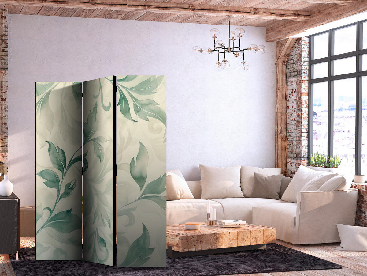 PARAVENT Akustik 3-tlg 135x172 cm Gr ne Bl tter - Beige, Holz/Textil (135/172/3cm) - Muralo