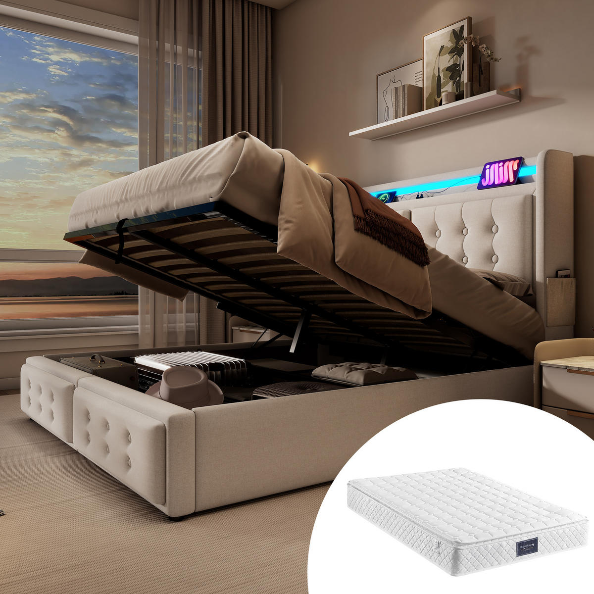 POLSTERBETT 140/200 cm Beige mit hydraulischem Bettkasten und LED-Beleuchtung Mit Matratze - Beige, Textil (140/200cm) - OKWISH