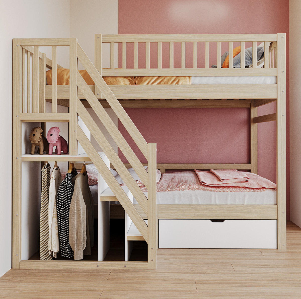 ETAGENBETT 90/200 cm mit Lattenrost, Treppe mit Stauraum und Schubladen, Natur /Weiß - Naturfarben, Holzwerkstoff (90/200cm) - Redom