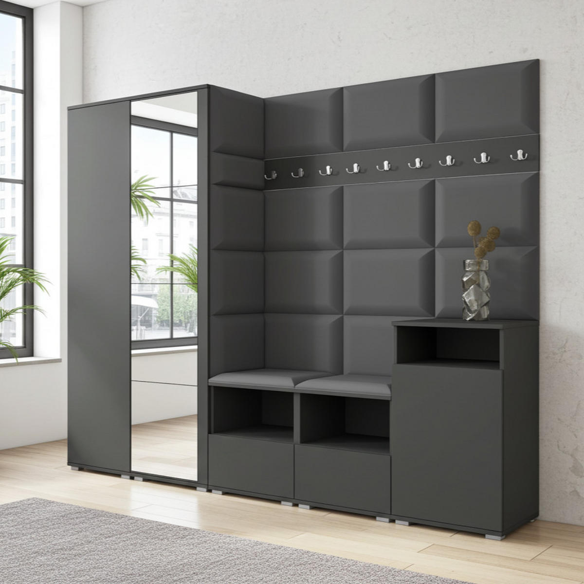 GARDEROBE NELA VIII 250 cm (Modulare Flurmöbel Graphit mit Spiegel & Sitzpolster Dunkelgrau 15 Set XL) - Dunkelgrau/Silberfarben, Holz/Holzwerkstoff (250/187/40cm) - Ravio