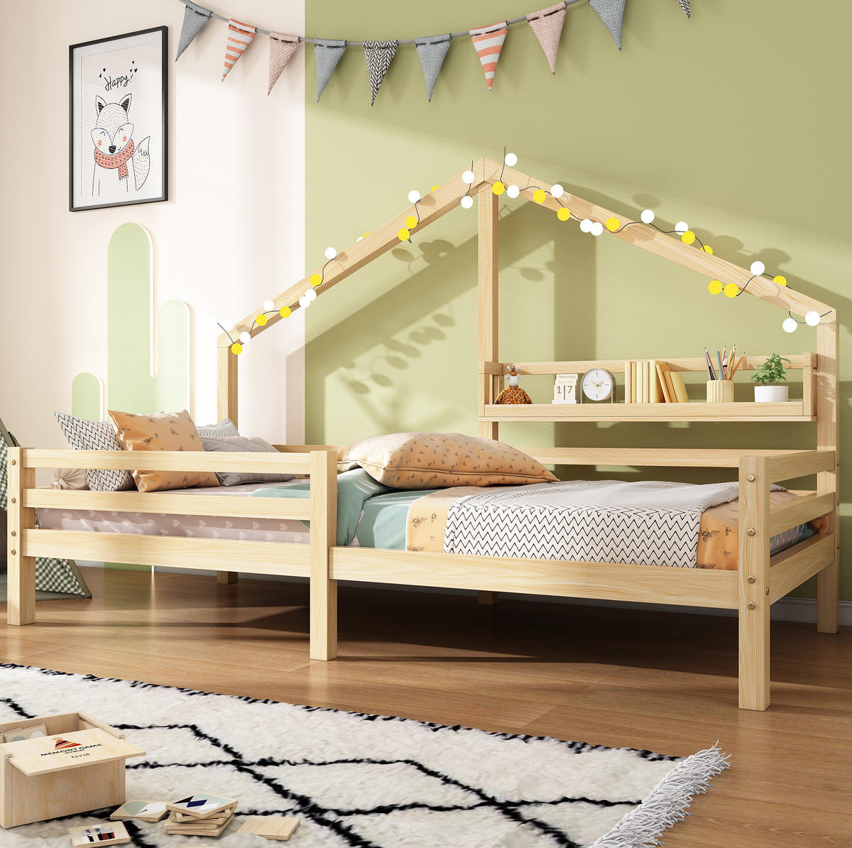HAUSBETT 90/200 cm Natur aus Kiefernholz mit Ablageregal - Naturfarben, Holzwerkstoff (90/200cm) - OKMYHOME