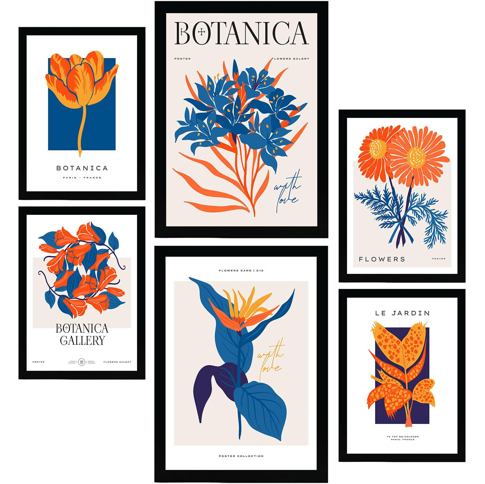 POSTER Set Mit 6 Blumen Orange Blütenblätter Natur Und Botanikdrucke Für Innenarchitektur A3 & A4 Schwarzer Rahmen - Schwarz, Papier (29/3cm) - Nacnic