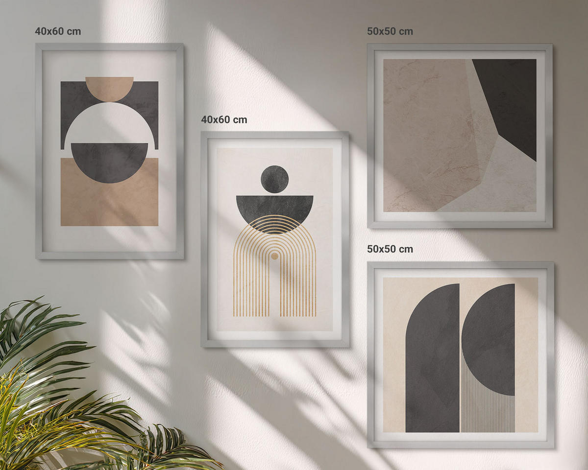 WANDBILDER 4er Set - 50x50 cm & 40x60 cm Silberner Rahmen - Abstrakte Formen beige braun - Silberfarben, Kunststoff (50/50cm) - ArtPrintCave