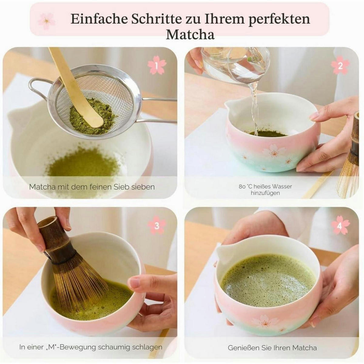 MATCHA Set 6-teiliges Set Keramikschale Bambusbesen Sieb Löffel Geschenk Sakura - Multicolor, Keramik (15/10/15cm)