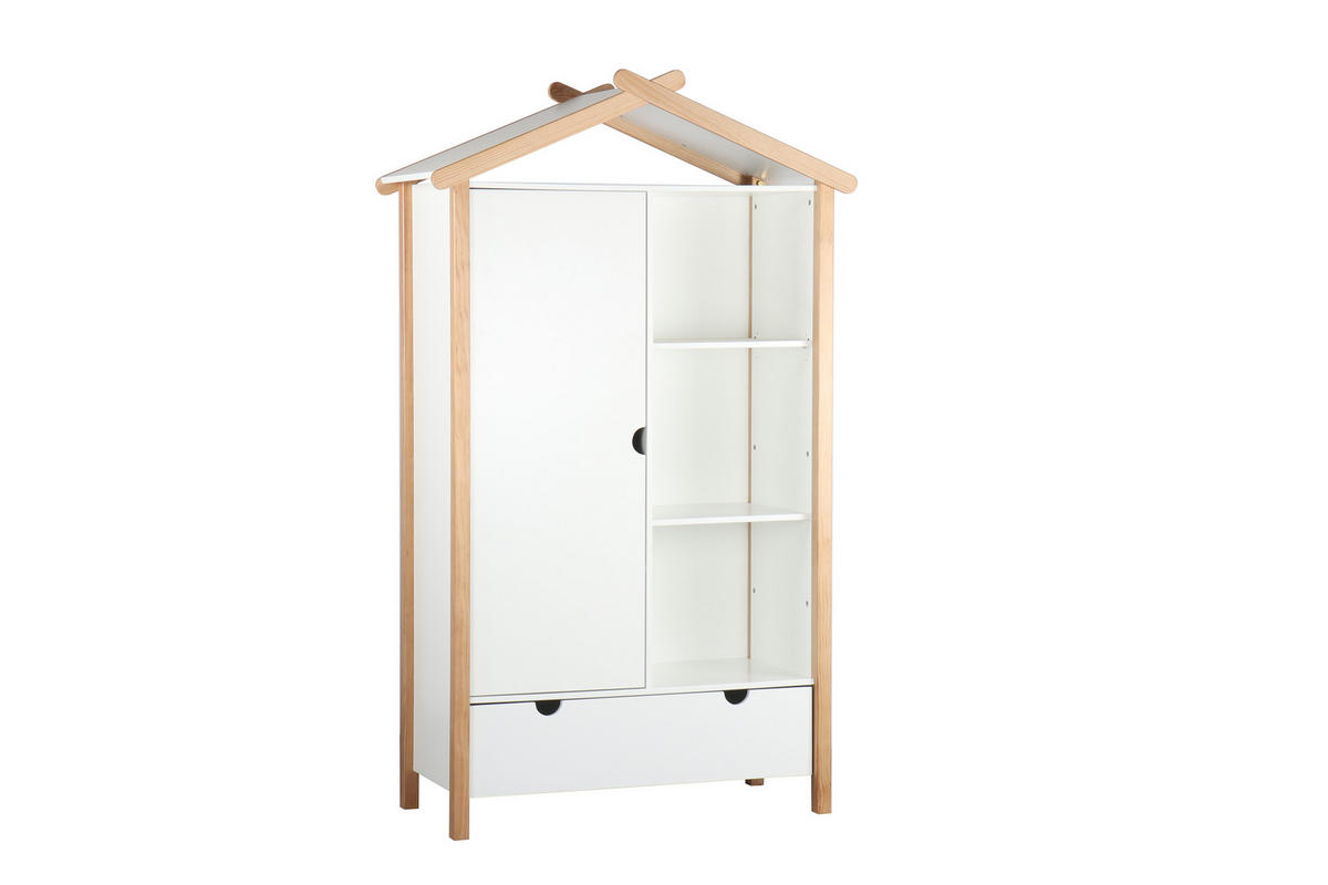 KLEIDERSCHRANK Malmö in Hausform - 1 Tür, 3 offene Fächer, 1 Schublade - Weiß, Holz (112/187/51cm) - TPFLiving