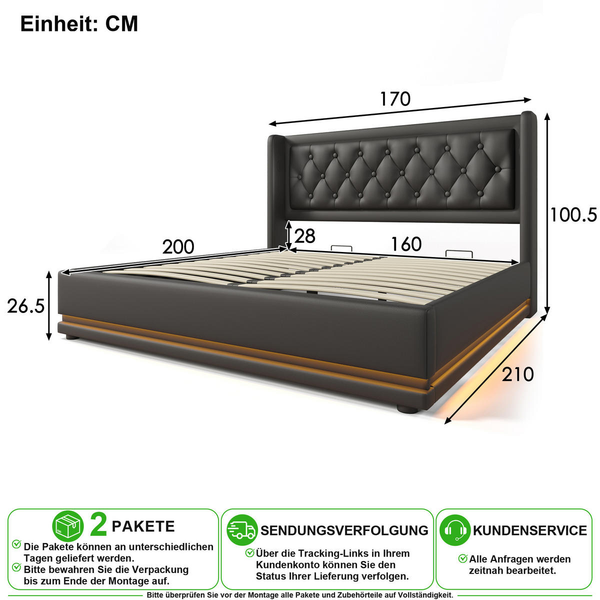POLSTERBETT 160/200 cm in Schwarz mit Bettkasten, LED, USB und Type-C PU - Schwarz, Holzwerkstoff/Textil (160/200cm) - CHICFURN