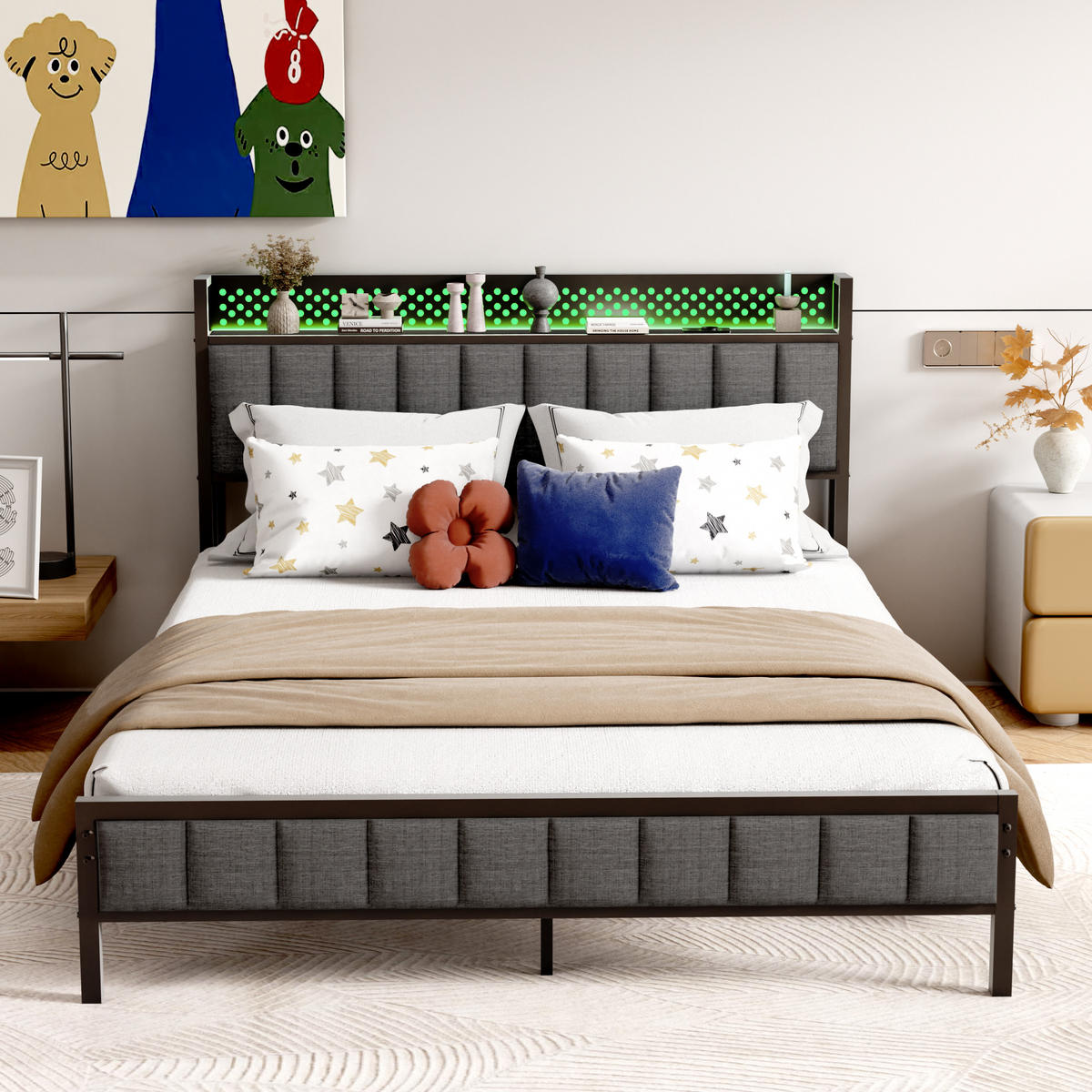 METALLBETT 140/200 mit Matratze und Gepolstertes Kopfteil Jugendbett mit LED und Steckdose, 27 cm Bodenfreiheit - Schwarz/Grau, Holzwerkstoff/Textil (140/200cm) - STILVORA