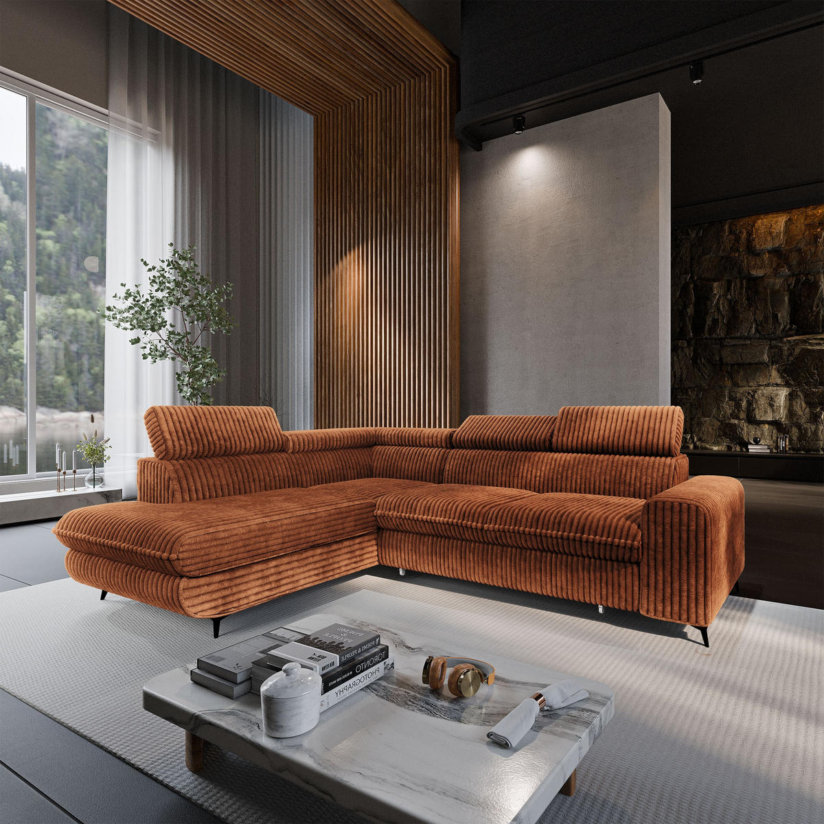 ECKSOFA VELISS Braun Kordstoff mit Schlaffunktion - Braun, Holz (255/193cm) - MASSENO