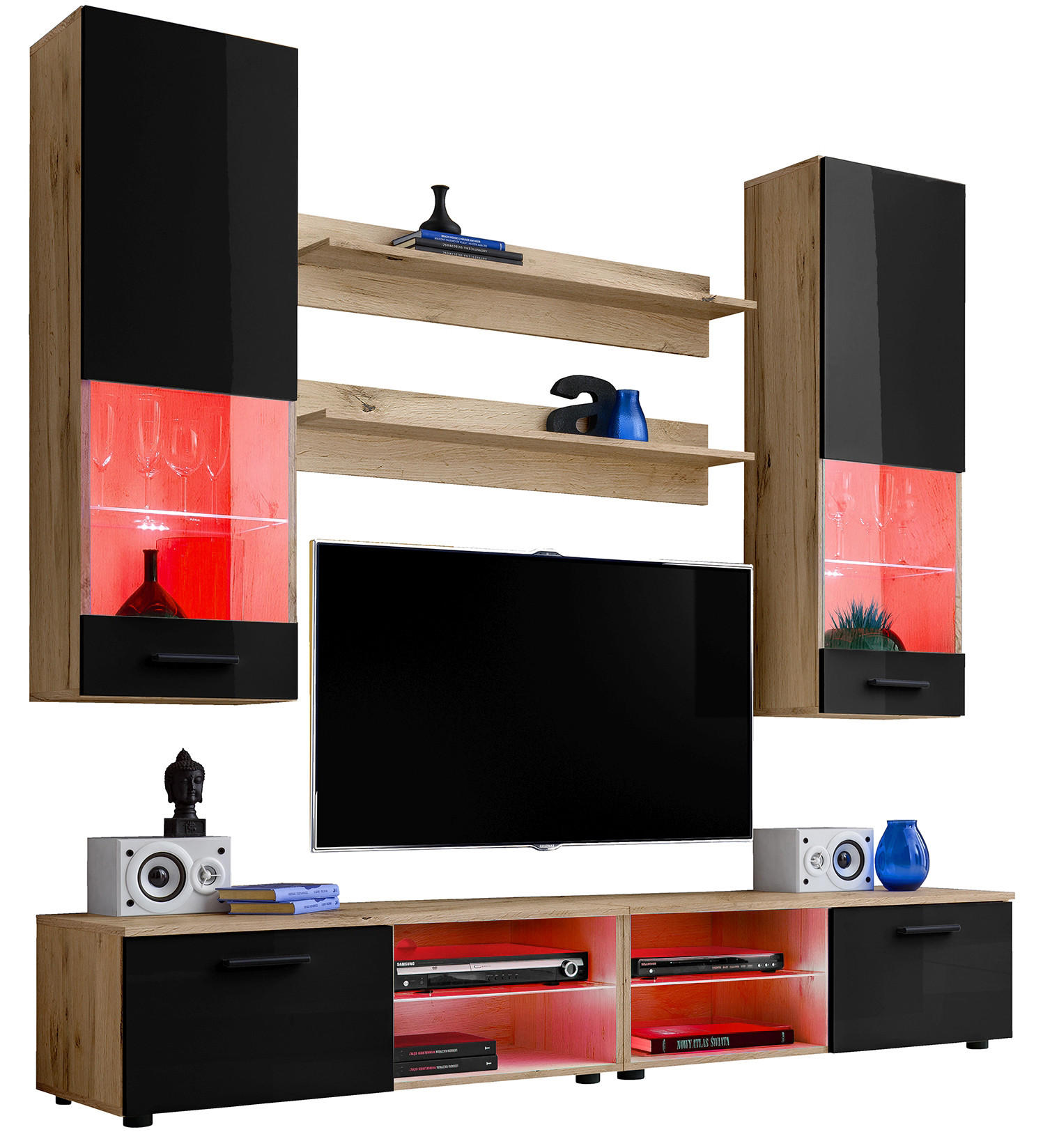 WOHNZIMMERSET VARALLO, 6er-Set, Eiche Wotan, Front Hochglanz Schwarz , LED Mehrfarbige - Eiche Wotan/Schwarz, Glas/Holzwerkstoff (200/190/45cm) - Komodee