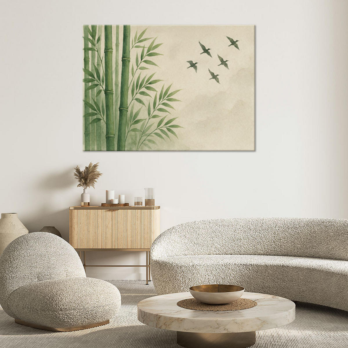 LEINWANDBILD Bambus Blätter Vögel Zen 90x60cm - Grün, Textil (90/60cm) - Feeby