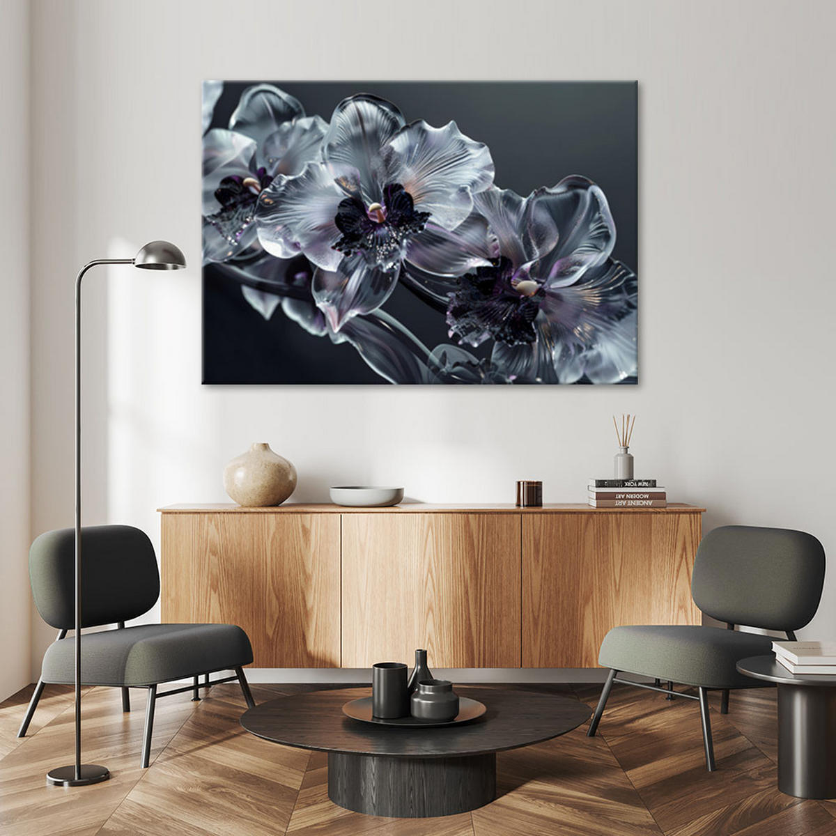 LEINWANDBILD Blühende Glasblumen schwarz und weiß - Grau, Textil (120/80cm) - Feeby