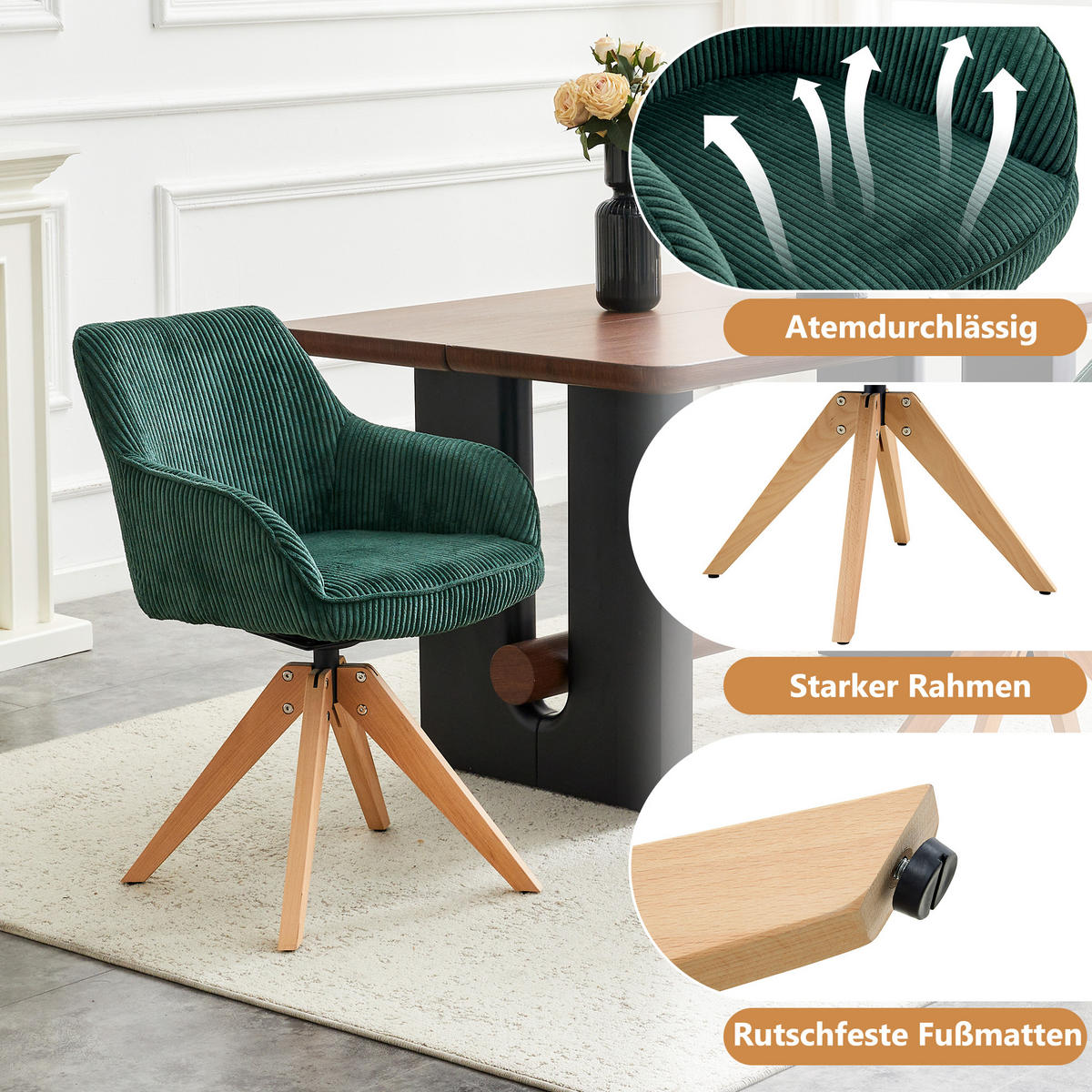 ARMLEHNSTUHL-SET DE-36619 2 Stück mit Massivholzbeinen Dunkelgrün - Dunkelgrün, Holz (44/84/56cm) - ComfortXL