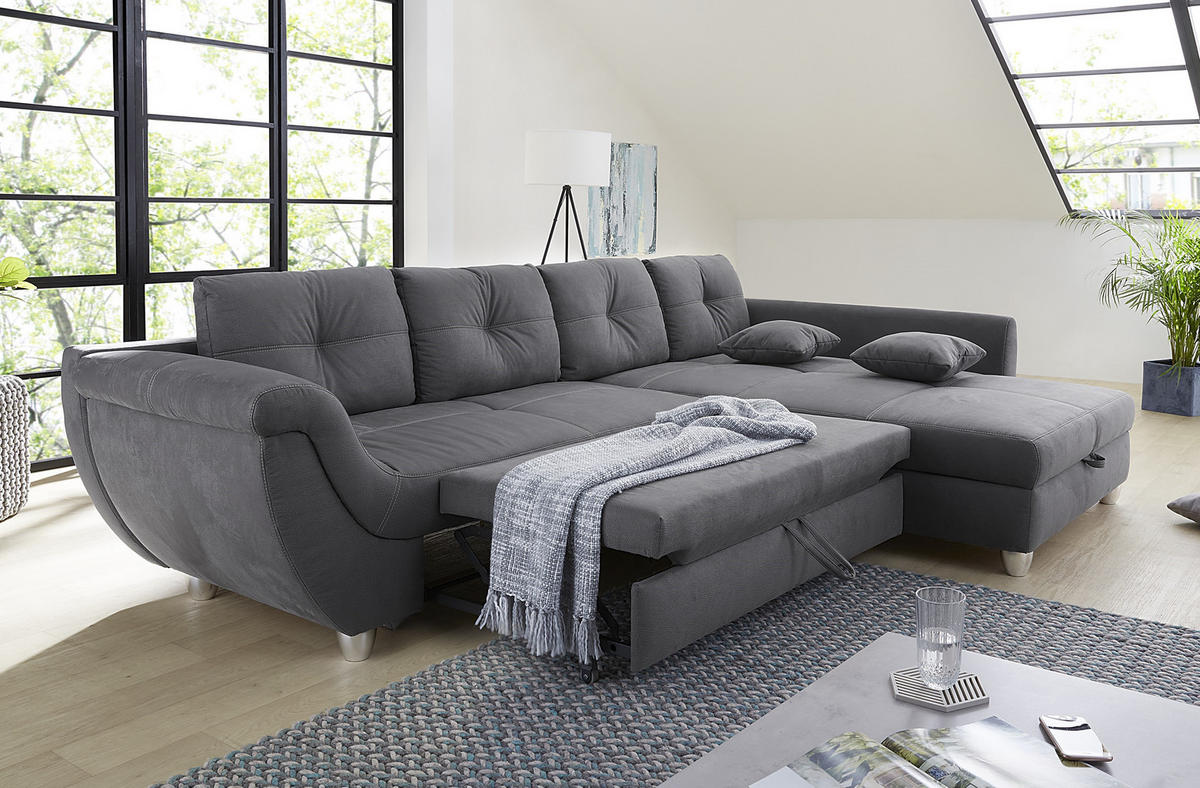 ECKSOFA mit Schlaffunktion und großem Bettkasten, seitenverkehrt montierbar B330/T207/H90 cm, Liegefl. 153x270 cm, Mikrofaser Grau / 15230 - Chromfarben/Grau, Kunststoff/Textil (330/207cm) - luma-home