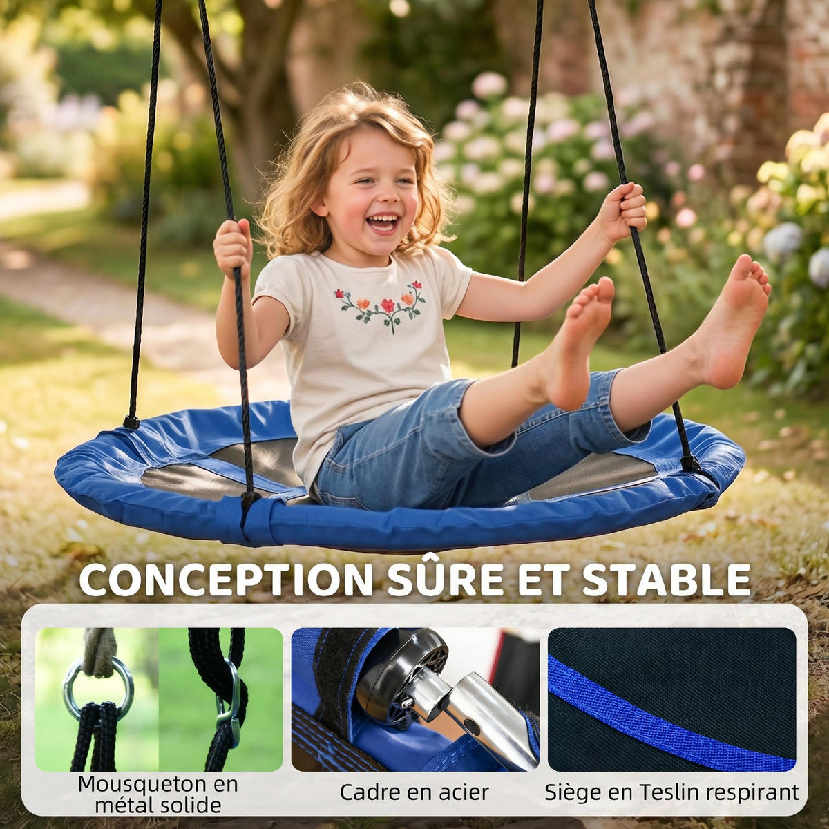 NESTSCHAUKEL DE-17962 Ø 110 cm im Korb-Design mit 4 Ringen Blau - Blau, Textil (110/110cm) - ComfortXL