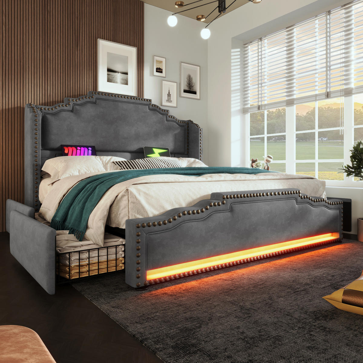 POLSTERBETT 140/200 cm Grau mit LED-Beleuchtung, Stauraum und USB-Anschlüssen - Grau, Textil (140/200cm) - Flora Grace