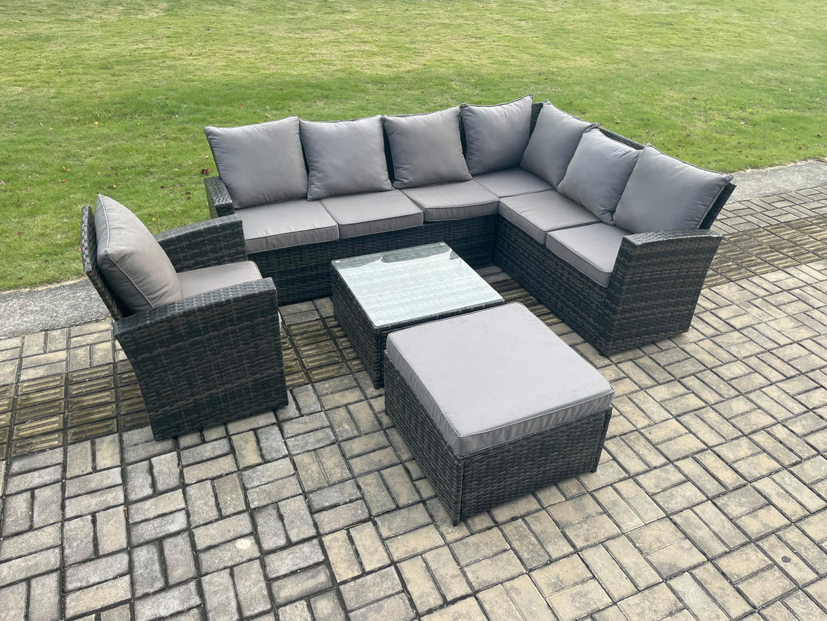 LOUNGEGARNITUR mit Couchtisch Sofa Polyrattan Dunkelgrau 8-Sitzer - Dunkelgrau/Grau, Glas/Kunststoff - Fimous
