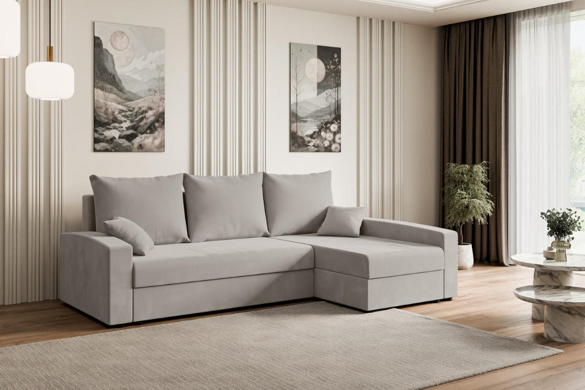 ECKSOFA mit Schlaffunktion und Bettkasten ALESIA-L 231x140x90 cm Hellbraun Velours - Hellbraun/Silberfarben, Holzwerkstoff/Kunststoff (231/140cm) - ALTDECOR