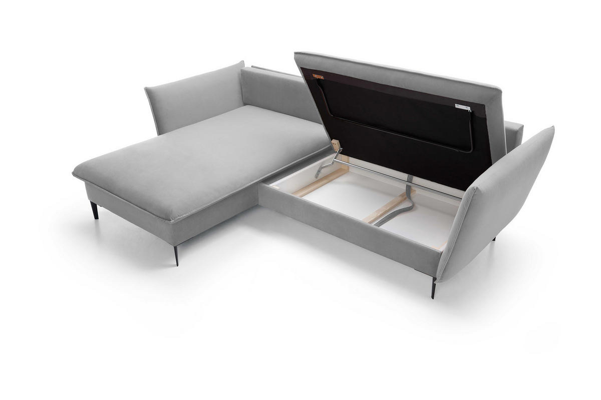 ECKSOFA GLOSS mit Schlaffunktion, Ottomane & goldenen Füßen – Samtsofa im GLOSSour-Stil mit Zierkissen, 258x167x91cm, Linke, GRAU - Blau, Holz/Textil (167/258cm) - DomoHome