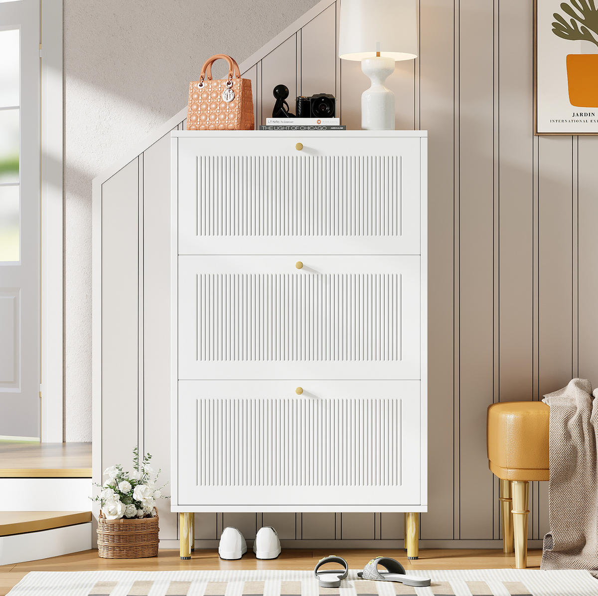 SCHUHSCHRANK aus MDF & Spanplatte 73x23x125cm in Weiß mit 3 Klapptüren - Weiß, Holzwerkstoff (73/125/23cm) - Modfu