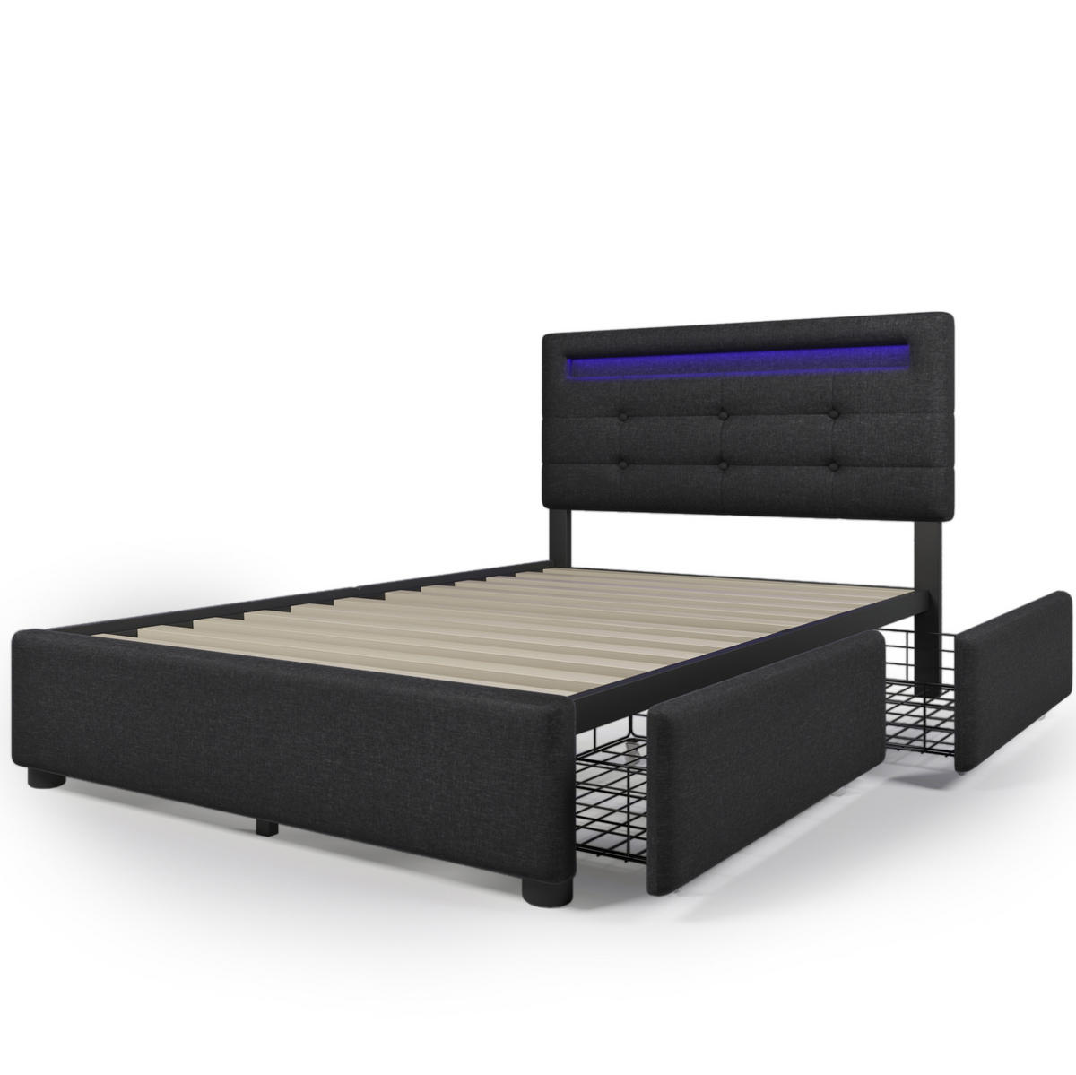 BETT mit LED-Beleuchtung und 2 Schubladen 90x200 cm Schwarz - Schwarz, Metall (90/200cm) - Meubliv